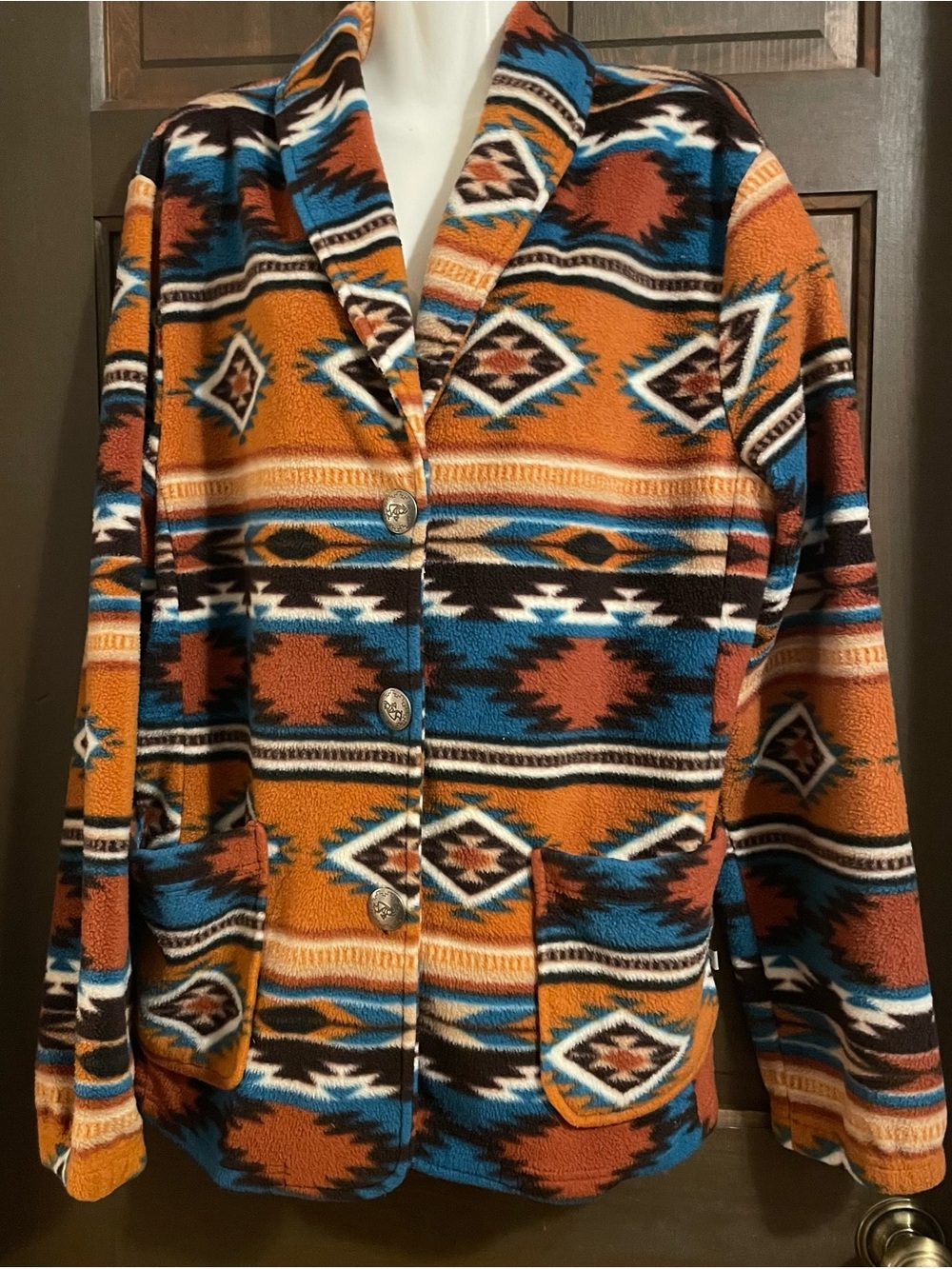 Southwestern Boho Aztec Shawl-Collar Fleece Jacket - Orange & Blue